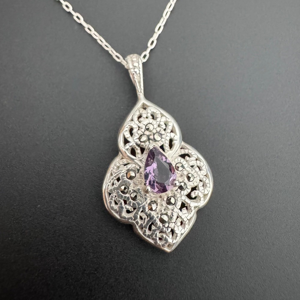 Vintage‎ Sterling Silver Pear Amethyst Marcasite Filigree Pendant Necklace 925